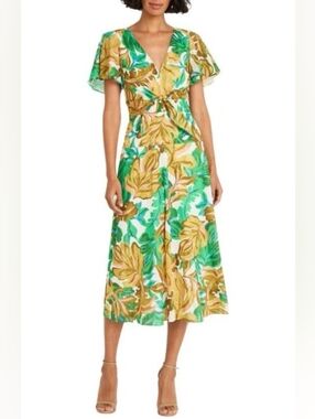 Maggy London NWT $148 Floral Cotton V-Neck Midi Dress in Green & Gold
